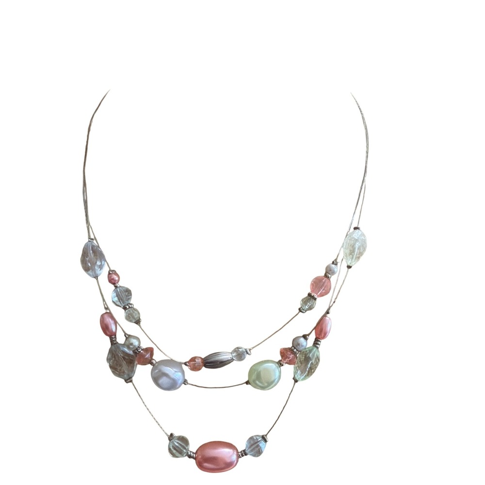 Pastel Multi Strand Illusion Floating Bead Necklace Pink Green Silver Tone 1396